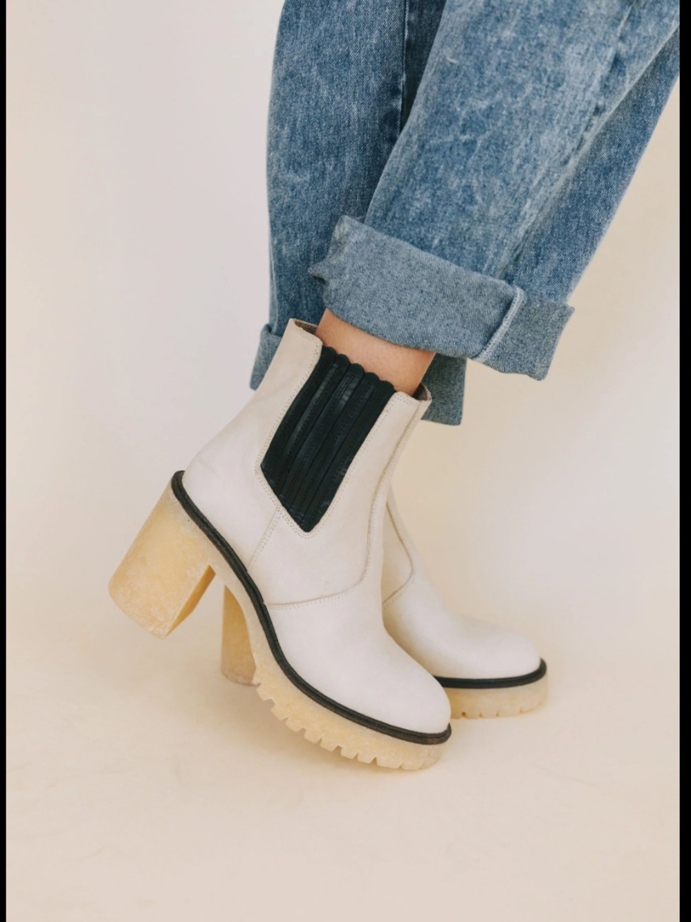 Free People White Chelsea Heeled Ankle Boots with Black Elastic